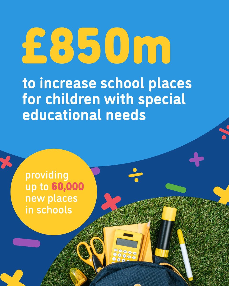 Today we announce the allocation of £850 million to local authorities, part of our £2.6 billion investment to transform the SEND system, which will help to create up to 60,000 new special school places. gov.uk/government/new…