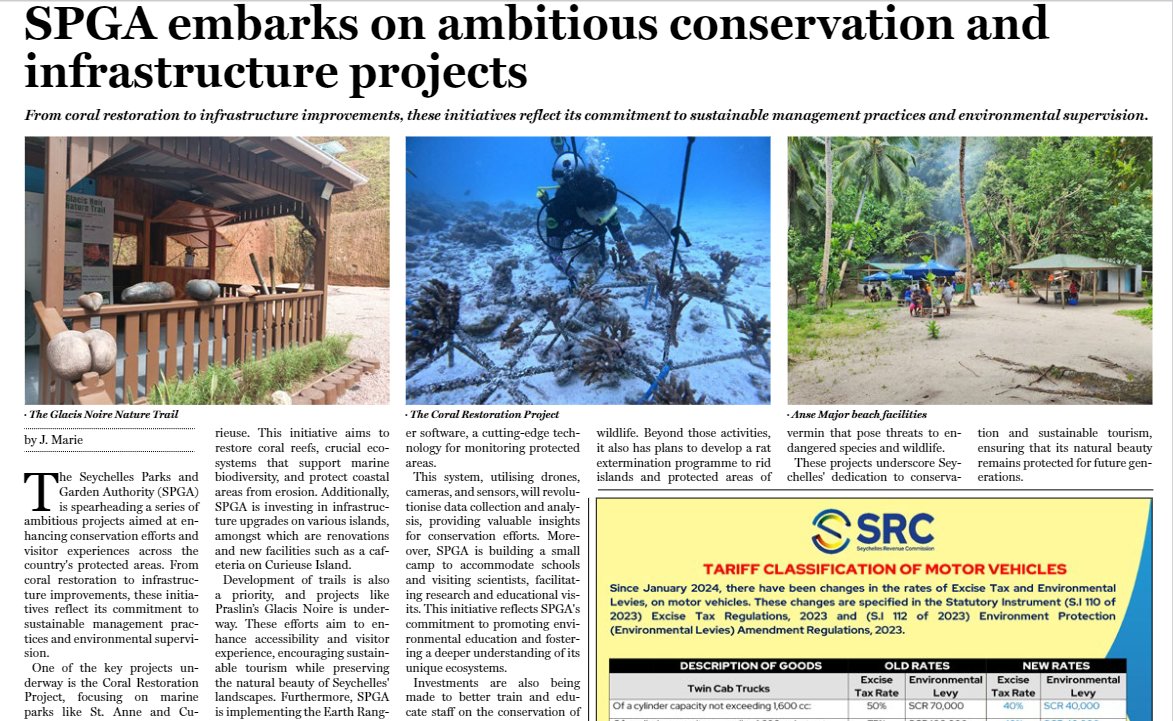 Catch up with the numerous exciting projects we have lined up this year, all with the aim to enhance visitor experiences to the protected areas, and further reinforce our conservation initiatives.
📷Article courtesy of TODAY in Seychelles Newspaper
#spga #conservation #seychelles