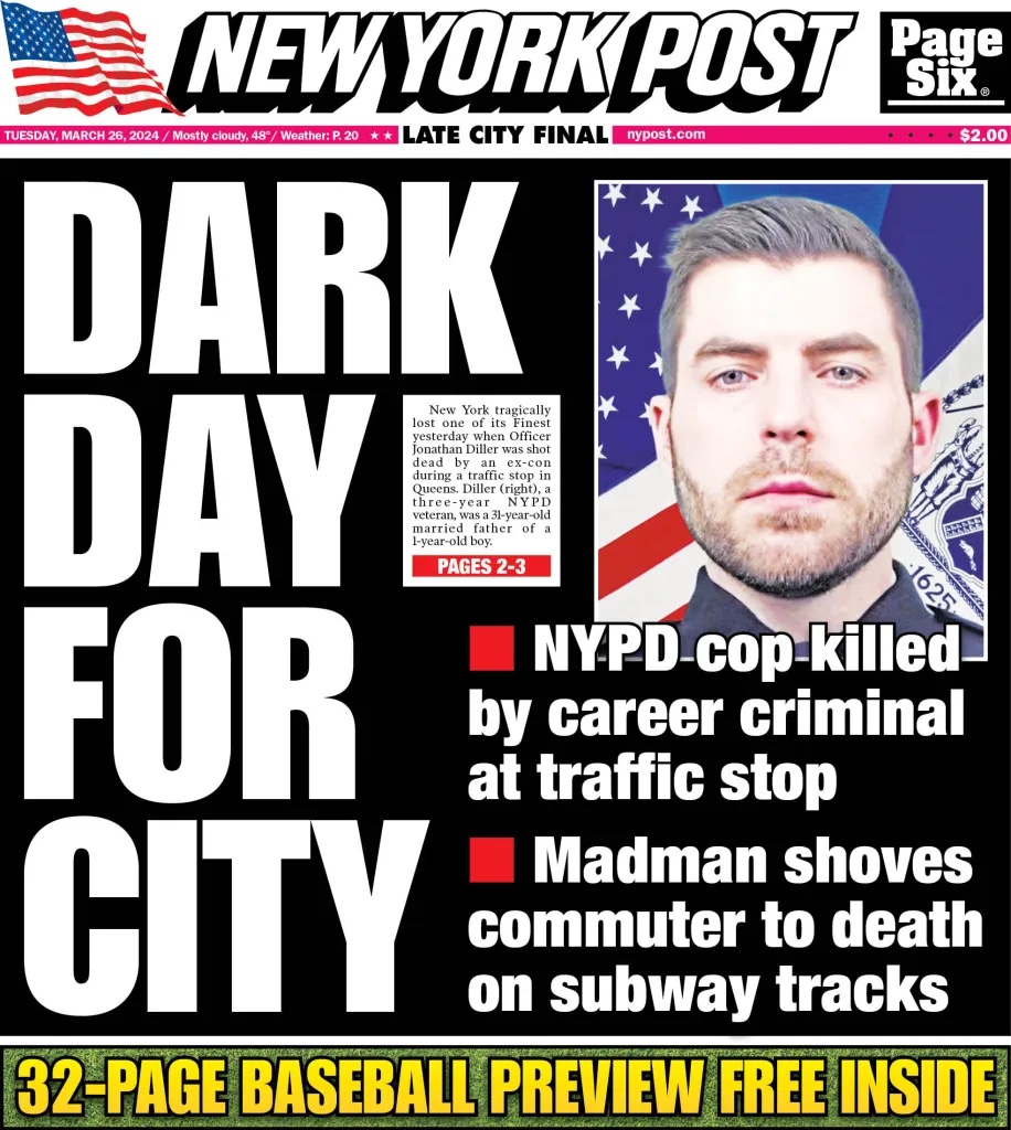 Today's cover: NYPD cop, 31, shot dead by career criminal during Queens traffic stop ID’d as husband, dad of young child trib.al/0uN5QVw