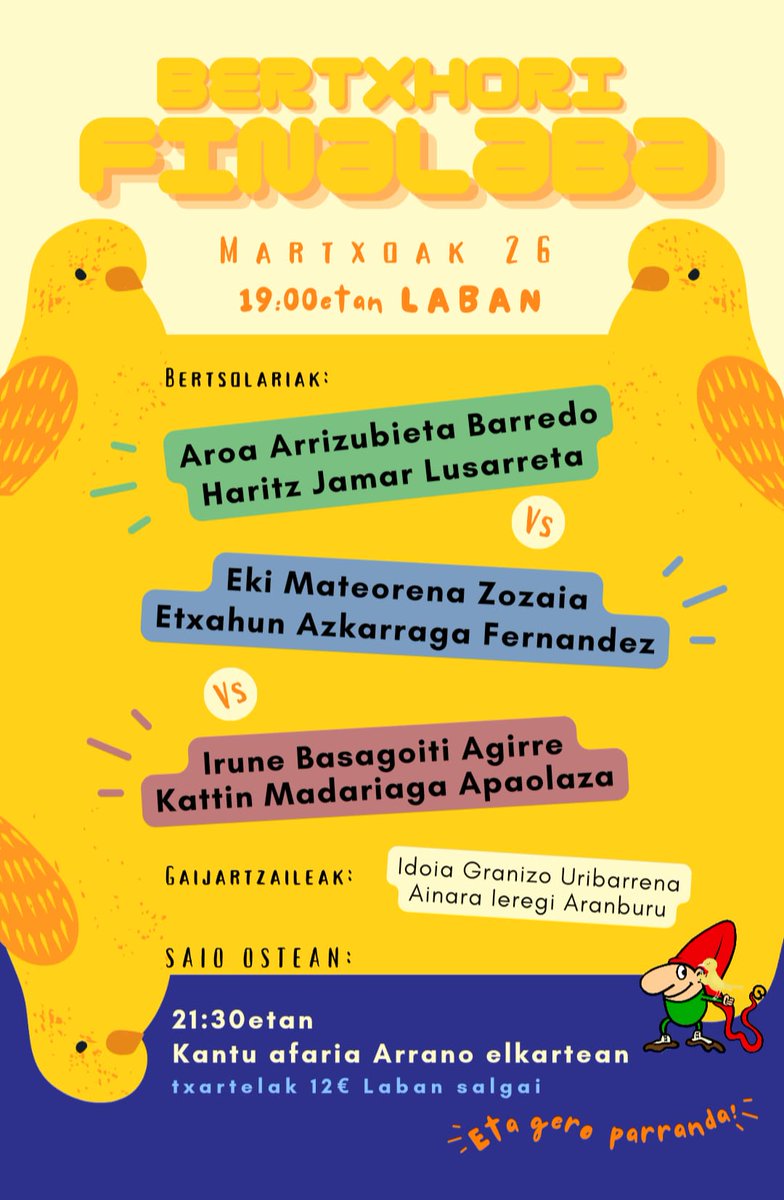 Gaur, 19:00tan, Laban emozio asko: 2024ko Bertx(h)oriko bikote irabazlea, Egunean Bateko irabazlea, kantu-afaria, ostegun zaporeko astearteko parranda, bertsoak eta konpainia ezin hobea, besteak beste.
Txoritxoa zuen zain 🐥🐥