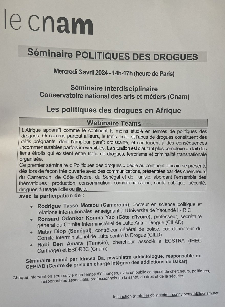 Save the date <a href="/LeCnam/">Le Cnam</a> #drogue #politique