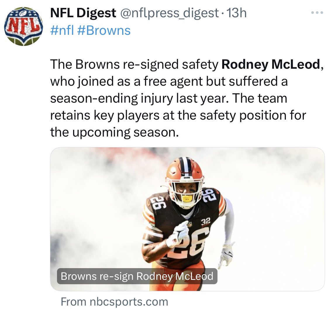 Congrats to Rodney McLeod '08, who will play once again for the Cleveland Browns in the fall. Rodney is a member of DeMatha's Board of Directors.