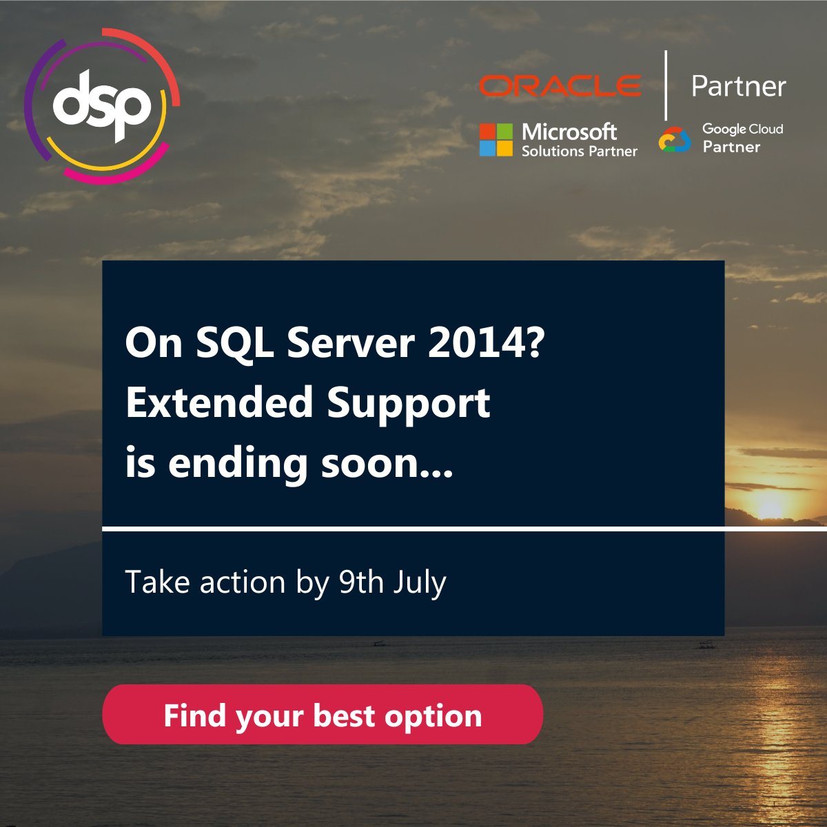 dsp_uk's tweet image. The sun is setting on SQL Server 2014. On the 9th of July 2024, Extended Support comes to an end.
So, it's decision time! Find out what your on-premise and Cloud options are here:
bit.ly/3TAw1PW
#SQLServer #EndOfSupport #SQLServer2014