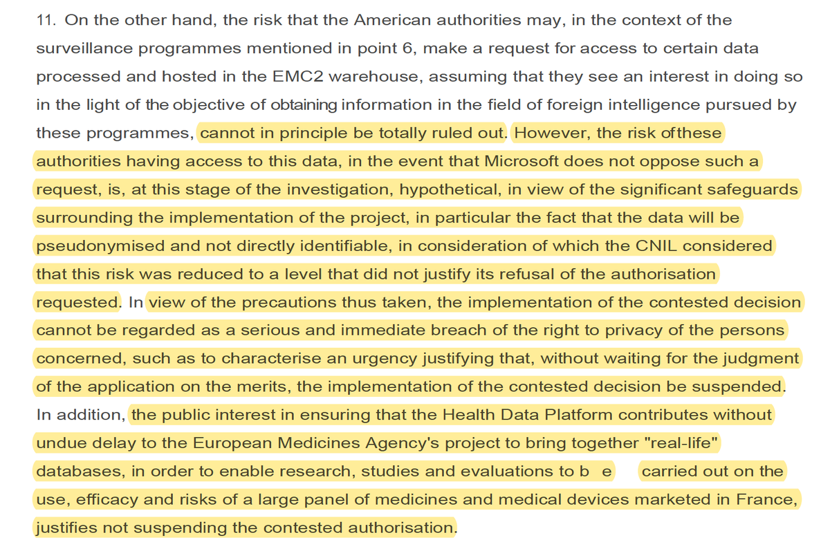 In a key #SchremsII #CloudAct decision,🇫🇷 Supreme Court (CdE) denied the request for interim measures against the @CNIL authorization for @Microsoft to host health data. The Court adopts a balanced, risk-based approach, as analyzed in my latest study 👉ssrn.com/abstract=47322…