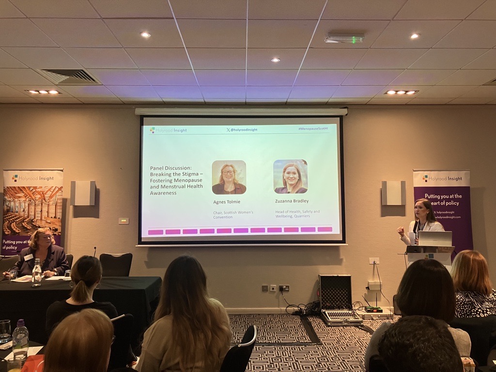 Interesting insight shared by Agnes Tolmie, Chair, @SWCWomen and Zuzanna Bradley, Head of Health, Safety and Wellbeing at @quarriers on the importance of breaking the stigma around menopause and menstrual health. #MenopauseScotHI