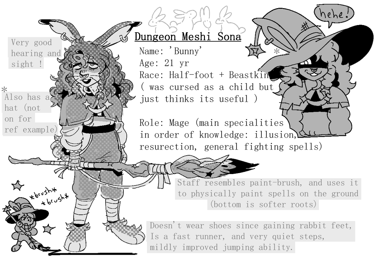 My dungeon meshi sona 🗡️🐇
( Any pronouns boygirl btw )

A little bit of a TRICKSTER!! But is a powerful illusionist, is sometimes brushed off for this specialty but can help team by illusions to pass right by monsters ect ect..
Kinda lazy and messed around too much though 