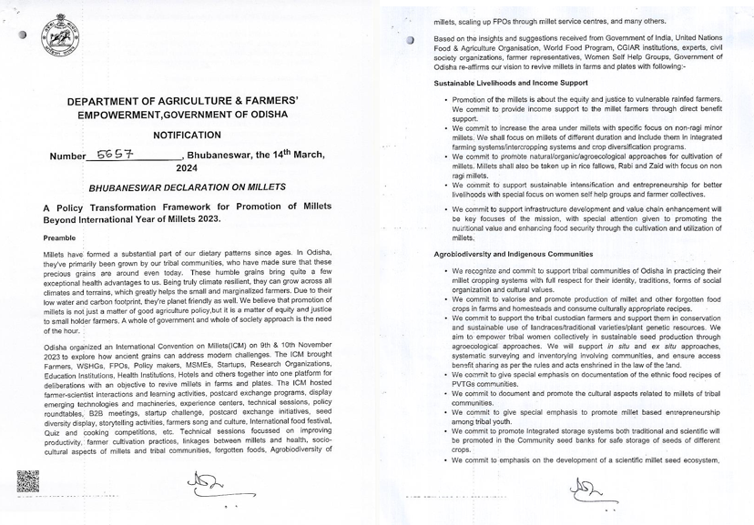 As the #IYM2023 draws to a close, let's explore the Bhubaneswar Declaration on Millets, which sets a path for the effective integration of millets post-IYM2023. Initiated by the @krushibibhag & @MilletsOdisha, the declaration pledges to: 💠Provide income support to millet