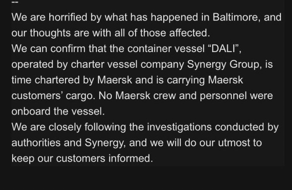 THE SHIP: The “Dali” is registered to Singapore - it was leaving the Port of Baltimore this morning before it lost power. Video shows black smoke coming from the ship before it hit and collapsed the entire bridge in seconds. The shipping company MAERSK released a statement on the…