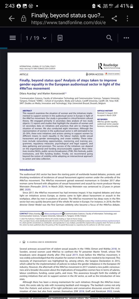 Happy to share that our research article on the situation of women and the initiatives implemented to support women in the audiovisual sector in Europe in light of the #MeToo movement just got published in International Journal of Cultural Policy✨️:  doi.org/10.1080/102866…