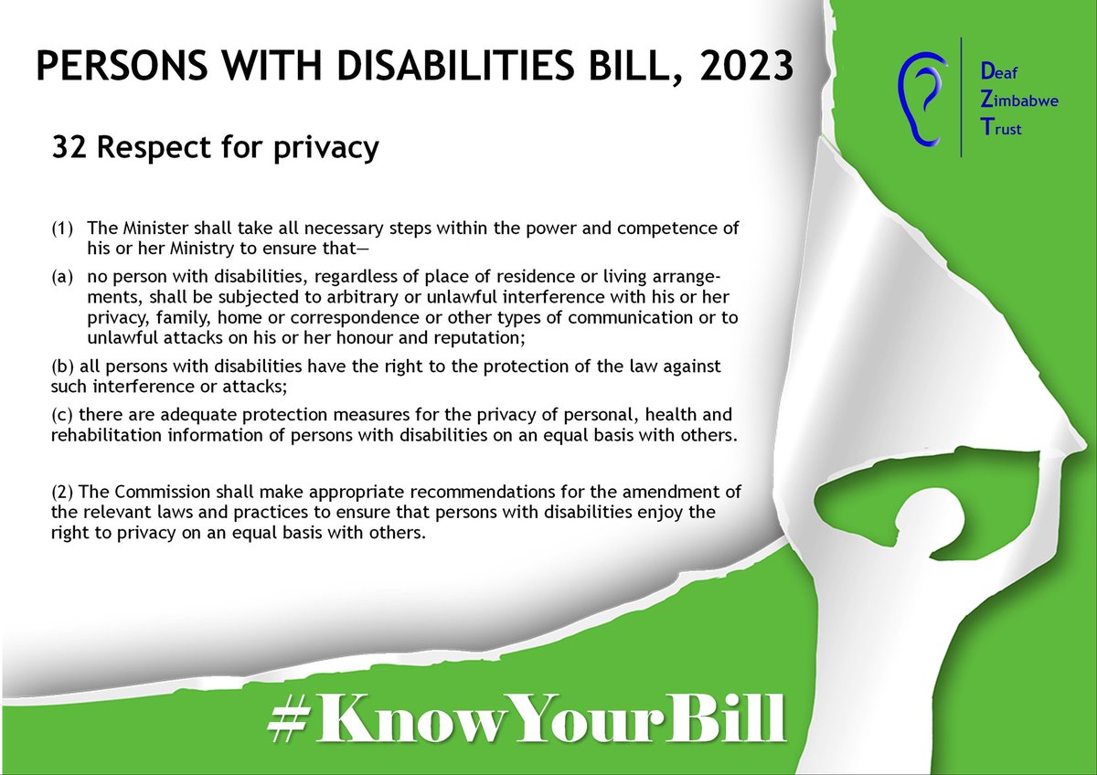Deaf Zimbabwe Trust (@deafzimtrust) on Twitter photo Did you know that the recently gazetted Persons with Disabilities Bill part VI section 16 - 44 provides for 'Rights of Persons with Disabilities and Enforcement of such Rights'. Here is section 32.
#KnowYourBill #DisabilityInclusion #disabilityrights
<a href="/ParliamentZim/">Parliament of Zimbabwe</a> <a href="/molokele/">Fortune Daniel Molokele</a> Did you know that the recently gazetted Persons with Disabilities Bill part VI section 16 - 44 provides for 'Rights of Persons with Disabilities and Enforcement of such Rights'. Here is section 32.
#KnowYourBill #DisabilityInclusion #disabilityrights
<a href="/ParliamentZim/">Parliament of Zimbabwe</a> <a href="/molokele/">Fortune Daniel Molokele</a>