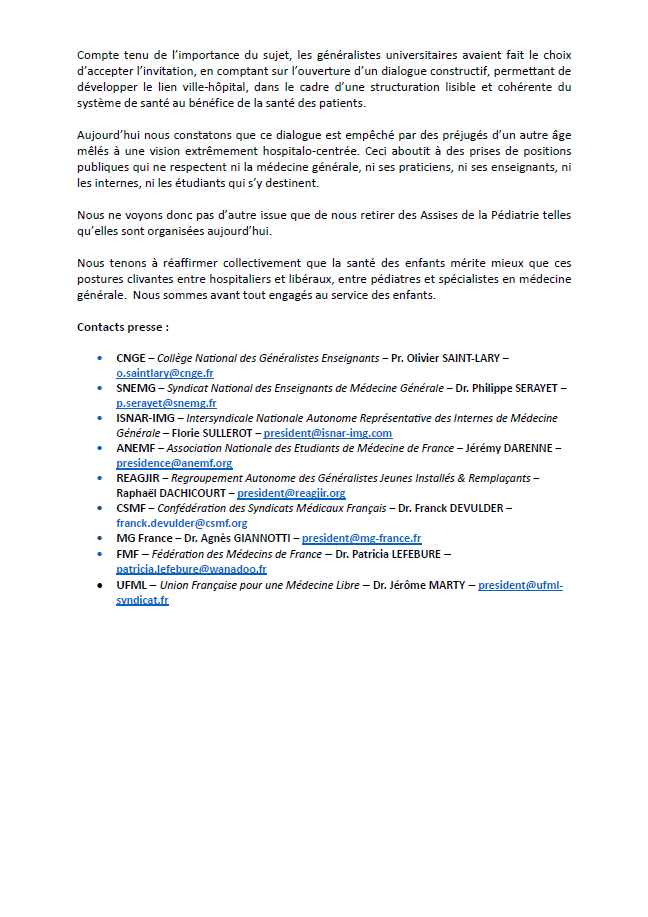 Communiqué de presse "Santé de l’enfant : les spécialistes en médecine générale doivent être respectés et entendus"
cnge.fr/wp-content/upl…
<a href="/CNGE_France/">CNGE</a> <a href="/LeSNEMG/">SNEMG</a> <a href="/MG_France/">MG FRANCE</a> <a href="/CSMF_officiel/">CSMF_officiel</a> <a href="/ReAGJIR/">ReAGJIR</a> <a href="/ISNARIMG/">ISNAR-IMG</a> <a href="/ANEMF/">ANEMF</a> <a href="/UFMLSYNDICAT/">UFML SYNDICAT - syndicat de médecins libéraux</a> <a href="/FMFofficiel/">FMF_Fédération des Médecins de France</a> <a href="/sup_recherche/">Ministère Enseignement supérieur/Recherche/Espace</a> <a href="/Sante_Gouv/">Ministère de la Santé</a>   1/