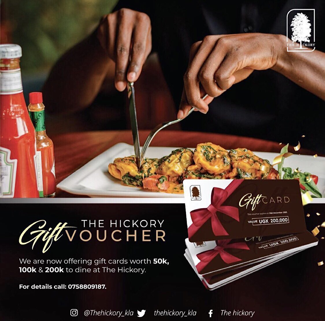 From a heartfelt thank you, to a joyous congratulations or well done, The Hickory Gift Voucher is a great way to reward a friend, family member or colleague. 

DM/Call to order your voucher 
☎️: 0758809187  
#TheHickory #GiftVouchers