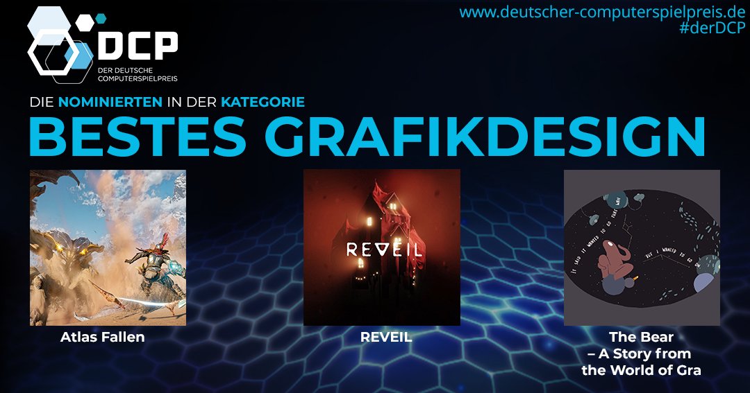 🎨 Hier sind wahre Künstler*innen am Werk: Das sind die Nominierten für die Kategorie "Bestes Grafikdesign" beim DCP 2024:

🏜  Atlas Fallen (<a href="/Deck13_de/">Deck13 | Atlas Fallen: Reign of Sand - OUT NOW!</a> / <a href="/Focus_entmt/">Focus Entertainment</a>)
🎪 REVEIL (<a href="/pixelsplitgames/">Pixelsplit</a> / <a href="/daedalic/">Daedalic Entertainment</a>)
🐻 The Bear – A Story from the World of Gra (<a href="/MucksGames/">Mucks! Games</a>)

 #derDCP