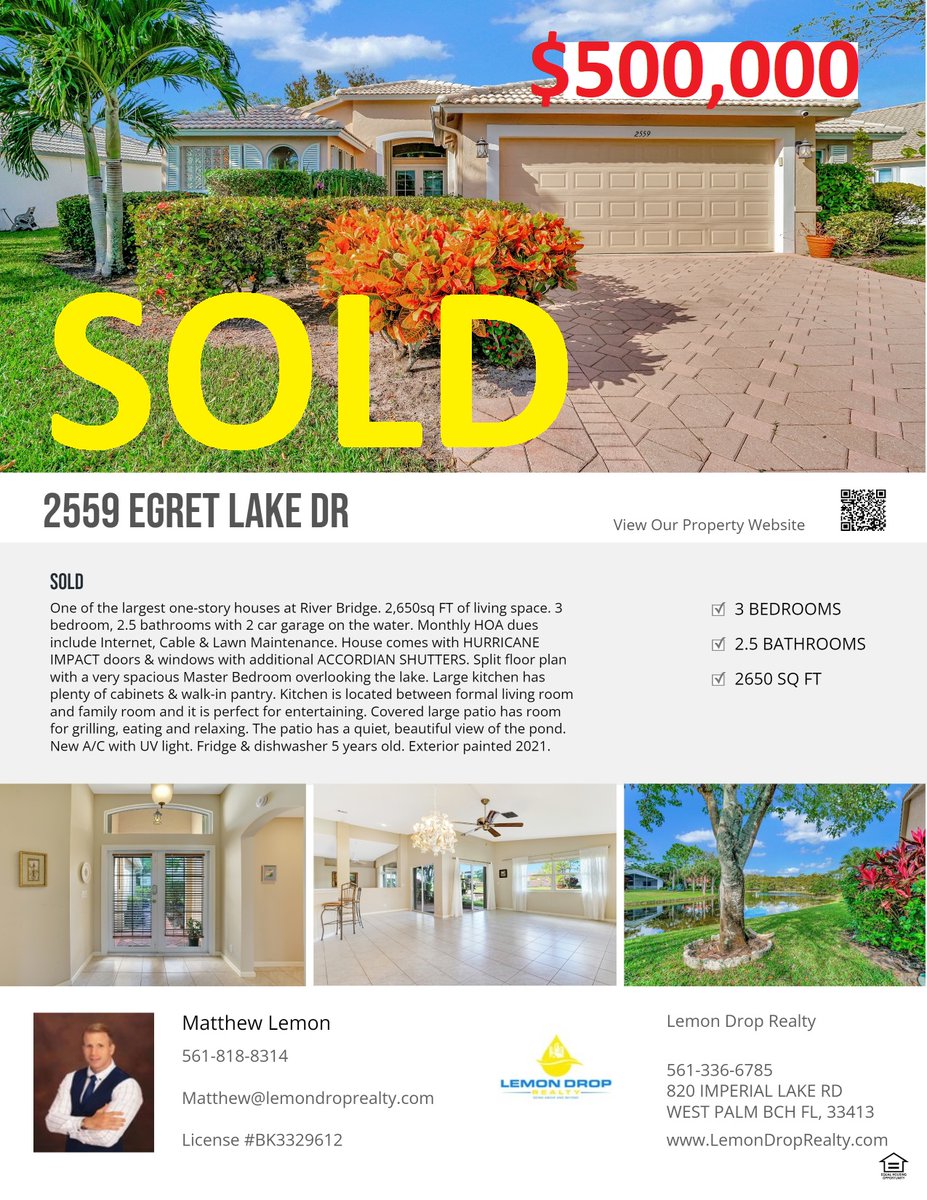 LemonDropRealty's tweet image. SOLD $500,000 🏡🎆
2559 Egret Lake Drive, Greenacres  #homebuyers #homesellers #zillow 
Thinking about making a move contact #Realtor Matthew Lemon #561.818.8314 #LemonDropRealty