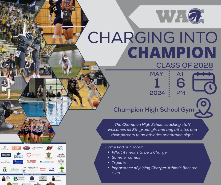 🚨All future Chargers! Reminder that our Charging into Champion Night has been Changed to May 1st.🚨 @BoerneMSSouth @BMSS_Athletics @VossAthletics @VossMiddle @LeechStan @BoerneISD
