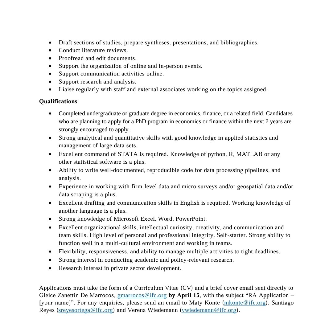 Research on private sector development is right up your street? Our research unit @IFC_org is hiring RAs. A great chance to work with researchers of various sub-fields (finance, entrepreneurship, trade etc.) on a range of interesting topics: digital, inclusion, climate and more.