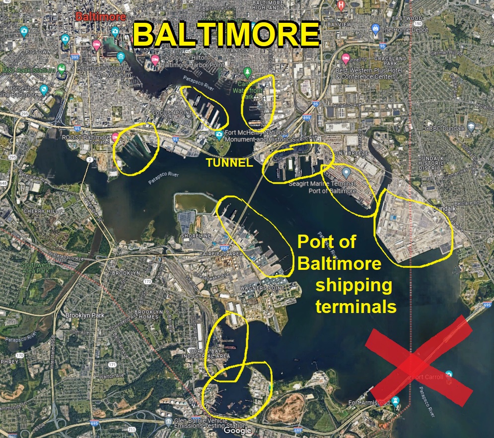 This is a MAJOR infrastructure hit.
The Port of Baltimore is the major port serving Baltimore and Washington DC. All of the shipping north of the bridge is now trapped in place. No other shipping can get in. The tunnel shown has height and hazardous cargo restrictions, it can't