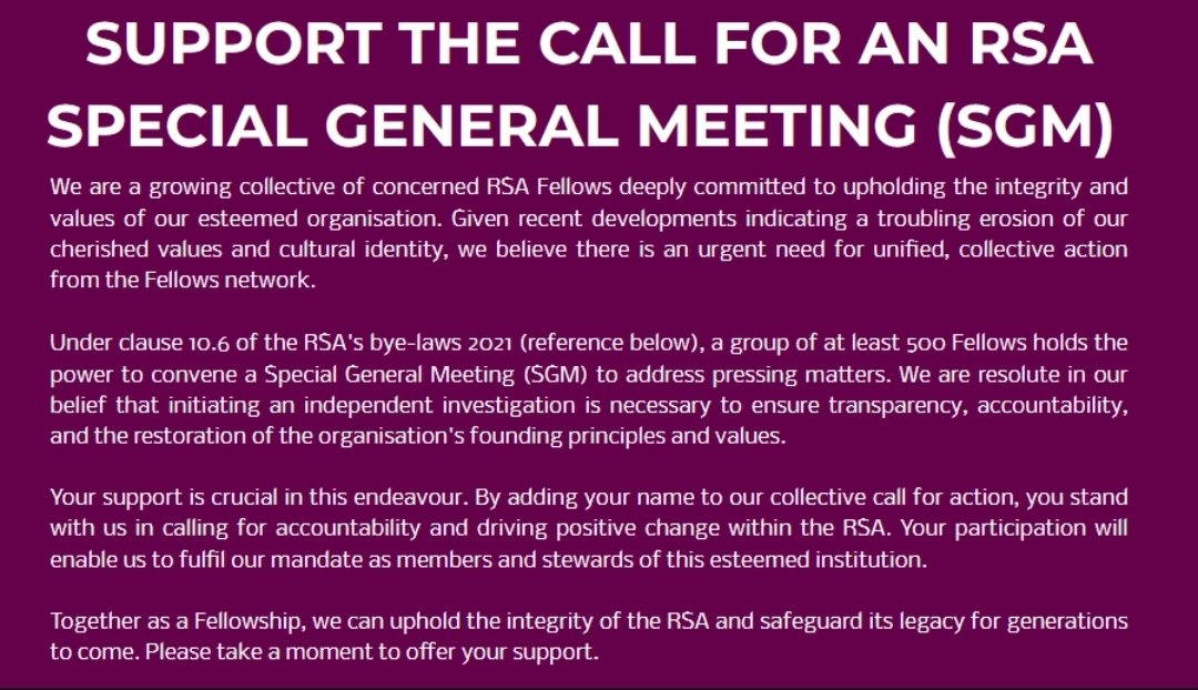 A growing group of RSA Fellows are seeking to force a SGM. If you are a fellow you can add your name to a collective call for action, stand with other Fellows in calling for accountability and driving positive change within the RSA. Sign the call 👇 rsainquiry.org