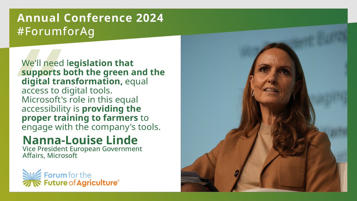 ForumForAg's tweet image. Nanna-Louise Linde @nannalinde further shares the need for policies that supports both the #GreenTransition and the #DigitalTransformation, and how @Microsoft is ready to do its part and train farmers on their digital tools. #ForumforAg