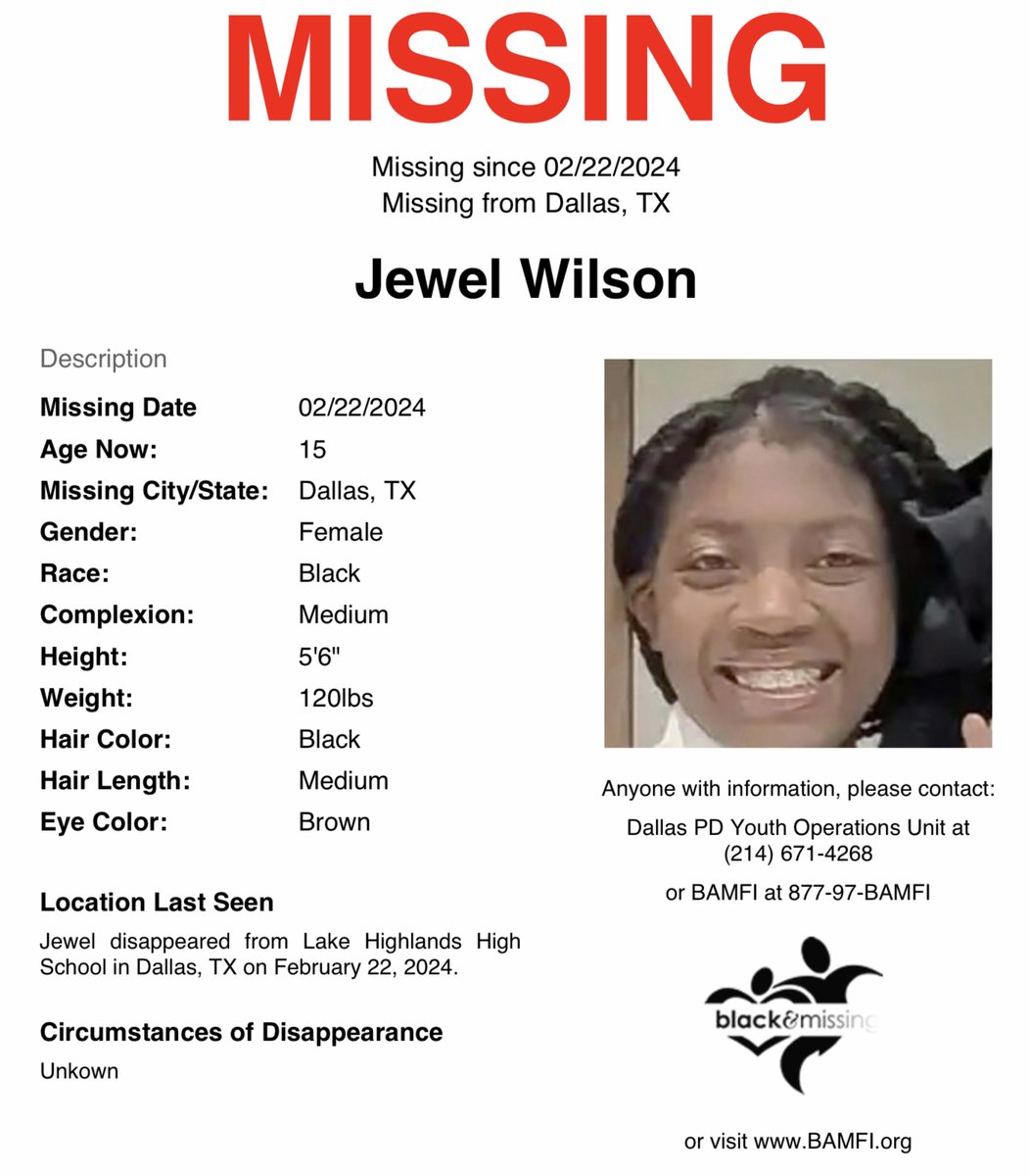 #Dallas, #Texas: 15y/o Jewel Wilson disappeared from Lake Highlands High School February 22. Have you seen Jewel? #HelpUsFindJewel #JewelWilson #LakeHighlandsHighSchool