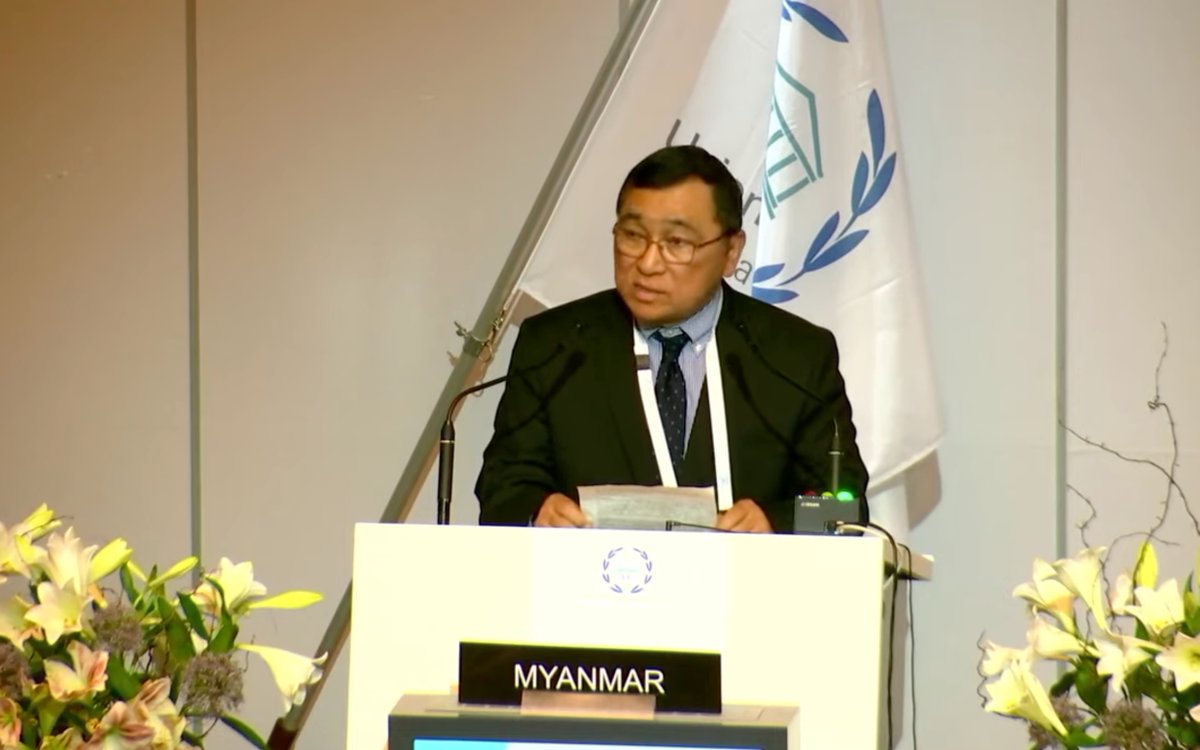 #Myanmar delegation leader @DrWinMyatAye addresses at the ongoing general debate of #IPU148 this morning (Geneva Time) and mentions Myanmar people need the support from International for the end of illegal military junta and to build a peaceful society. youtube.com/watch?v=TF-taQ…