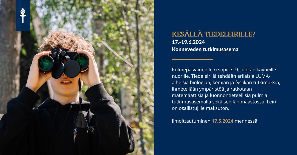 Faculty of Mathematics and Science (@jyuscience) on Twitter photo Kiinnostaako luonnontieteet? Yläkouluikäisten nuorten kolmepäiväinen tiedeleiri järjestetään Konneveden tutkimusasemalla kesällä tarjoten nuorille ihmettelyä ja innostusta luonnontieteellisten tutkimusten tekemiseen. 👉 r.jyu.fi/FlS <a href="/KeskiSuomenLUMA/">Keski-Suomen LUMA-keskus</a> @Skr_fi Kiinnostaako luonnontieteet? Yläkouluikäisten nuorten kolmepäiväinen tiedeleiri järjestetään Konneveden tutkimusasemalla kesällä tarjoten nuorille ihmettelyä ja innostusta luonnontieteellisten tutkimusten tekemiseen. 👉 r.jyu.fi/FlS <a href="/KeskiSuomenLUMA/">Keski-Suomen LUMA-keskus</a> @Skr_fi
