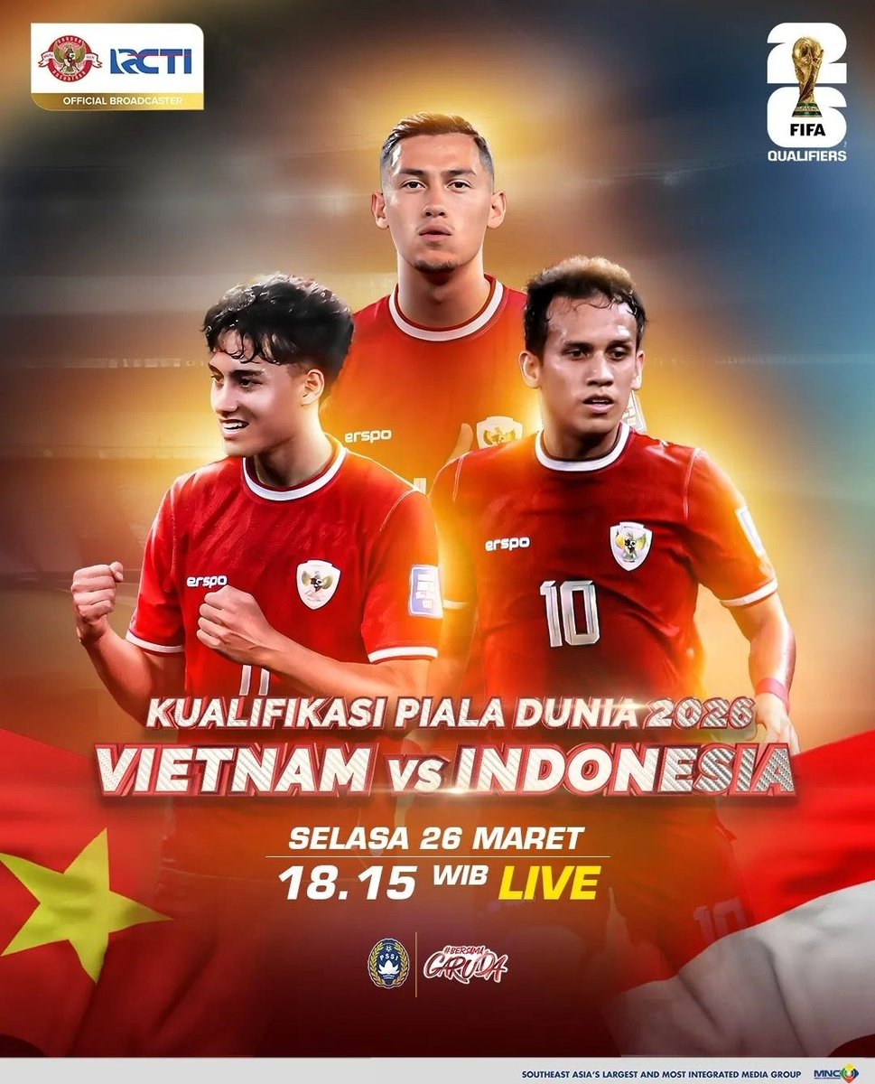 Kualifikasi Piala Dunia 2026

Vietnam vs INDONESIA

Hari/Tgl: Selasa, 26 Maret 2024
Jam: 18.15 WIB

Live: RCTI

#ForzaGaruda
#KitaGaruda