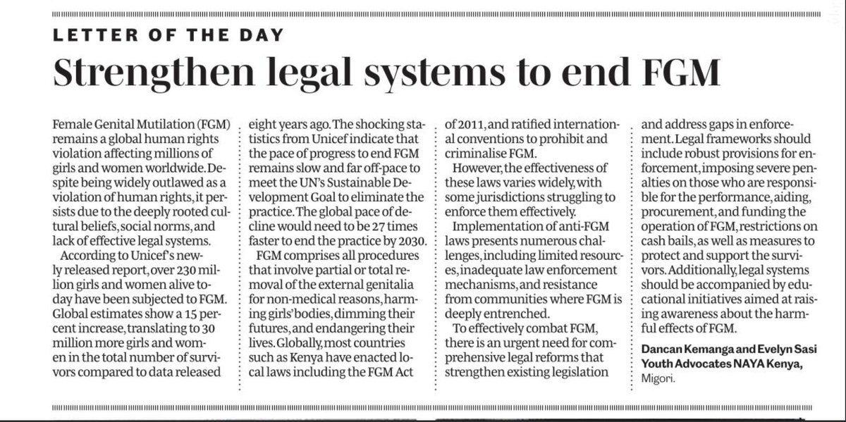 'To effectively combat #FGM, there is an urgent need for comprehensive legal reforms that strengthen existing legislation and address gaps in enforcement...'-@DancanKema43371 and @EveWSasi share insights in today's @dailynation_KE @NationMediaGrp #NAYAVoices