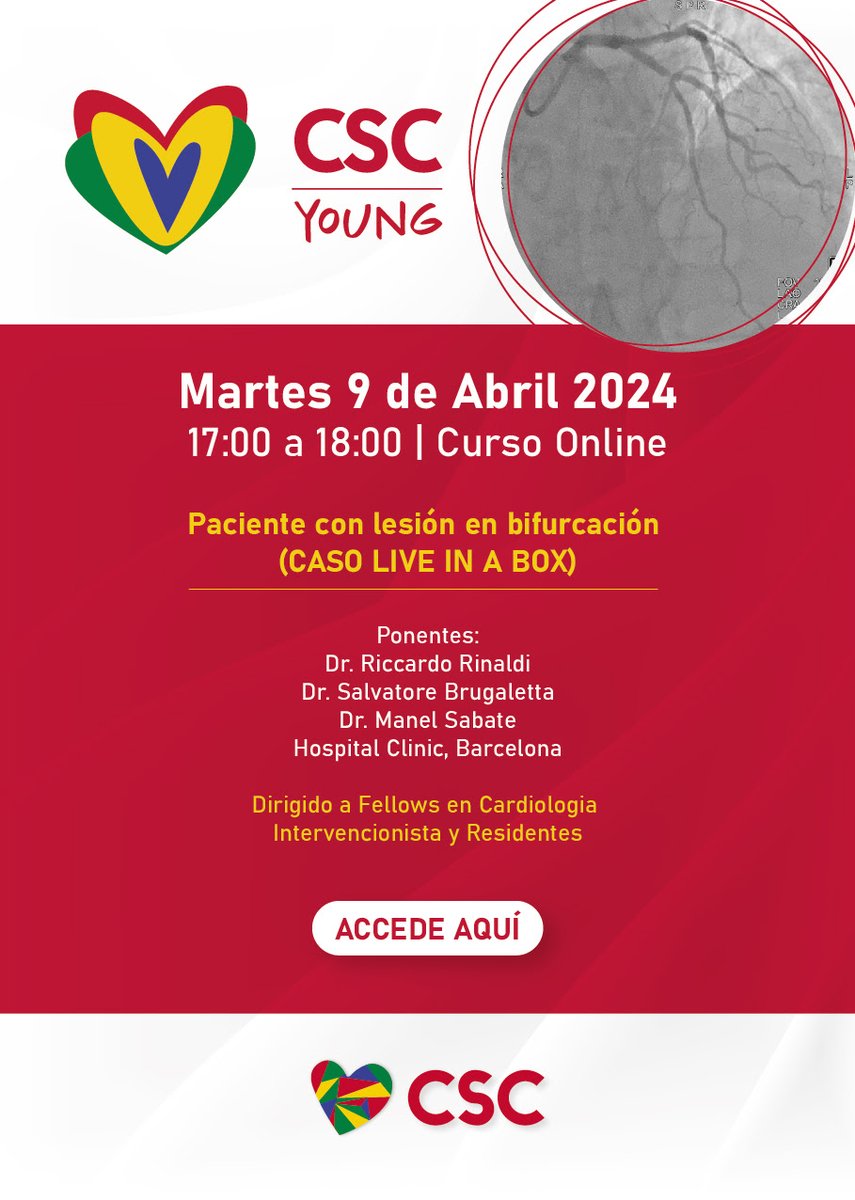 Salvatore Brugaletta (@sbrugaletta) on Twitter photo 4 casos, 4 hospitales para aprender juntos a abordar diferentes anatomías. Iniciamos con bifurcaciones en una sesión de 1 hora on line con un caso grabado #CSCyoung Abierto para tod@s l@s que quieran aprender! clinic.zoom.us/webinar/regist… <a href="/CSC_interv/">CSConline</a> <a href="/hect2701/">Prof. Hector M. Garcia-Garcia</a> <a href="/PCRonline/">PCRonline 🫀</a> #EAPCI 4 casos, 4 hospitales para aprender juntos a abordar diferentes anatomías. Iniciamos con bifurcaciones en una sesión de 1 hora on line con un caso grabado #CSCyoung Abierto para tod@s l@s que quieran aprender! clinic.zoom.us/webinar/regist… <a href="/CSC_interv/">CSConline</a> <a href="/hect2701/">Prof. Hector M. Garcia-Garcia</a> <a href="/PCRonline/">PCRonline 🫀</a> #EAPCI