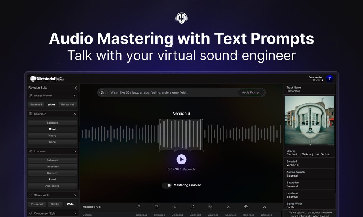 Sevgili arkadaşlar, bir seneyi geçkin şekilde emek verdiğimiz, ay başı itibarıyla yayına aldığımız ses/müzik mastering ürünümüz Diktatorial Suite, bugün ProductHunt'ta görücüye çıkıyor! Diktatorial Suite, metin promptlar eşliğinde sesi eğip bükebiliyor. Müziğinizi daha canlı,