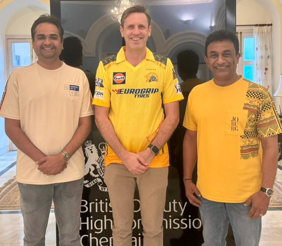 The Deputy High Commissioner @oballhatchet is caught in a 'spin' with the IPL fever! 🌟🔥 He is all ready to 'bat' for our lions, the @ChennaiIPL against @gujarat_titans today! 🦁💛 #Yellove #CSKvGT #WhistlePodu #IPL2024