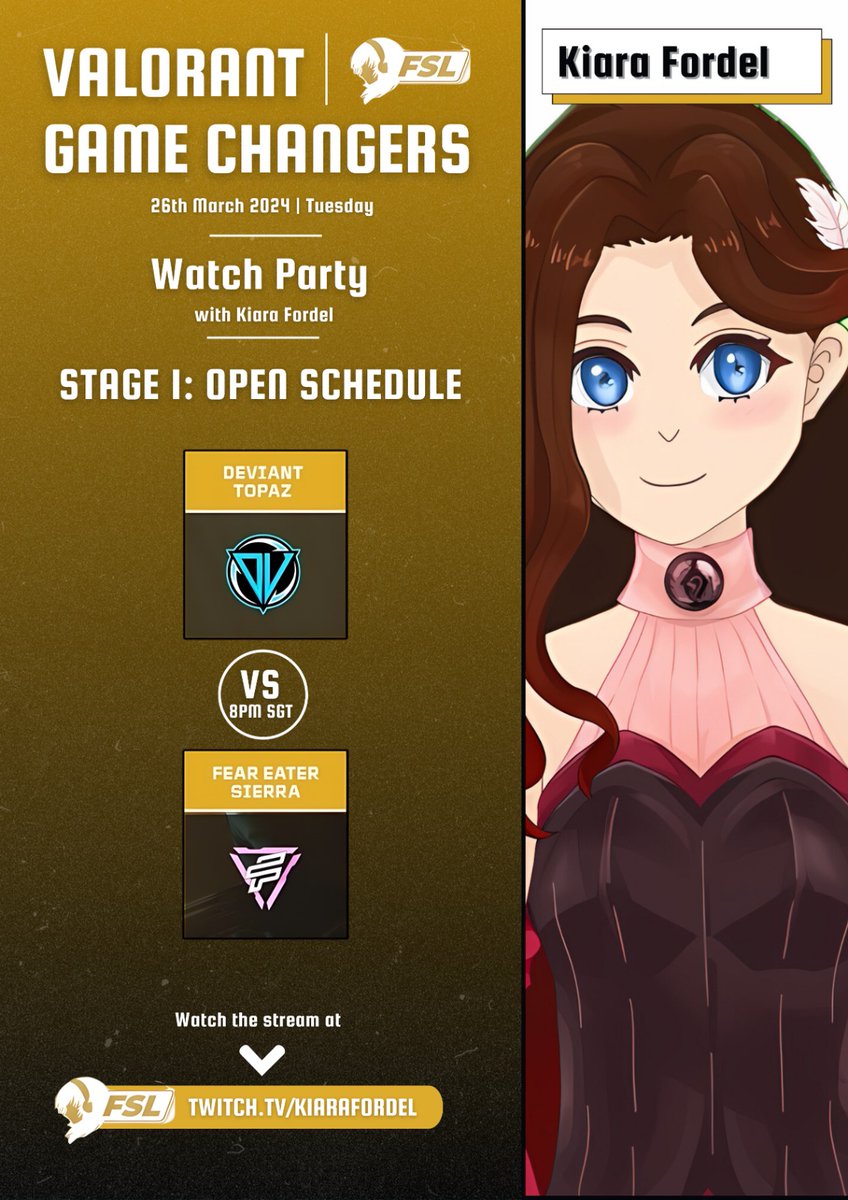 Come join me in Valorant Game Changer's Watch Party Tonight! I'll be watching <a href="/DeviantEsports_/">Deviant Esports</a> Vs Fear Eater Sierra and we will be commenting on it together! 

#VALORANT #ValorantGameChangers #VtubersUprising #VTUBERSUPPORTCHAIN