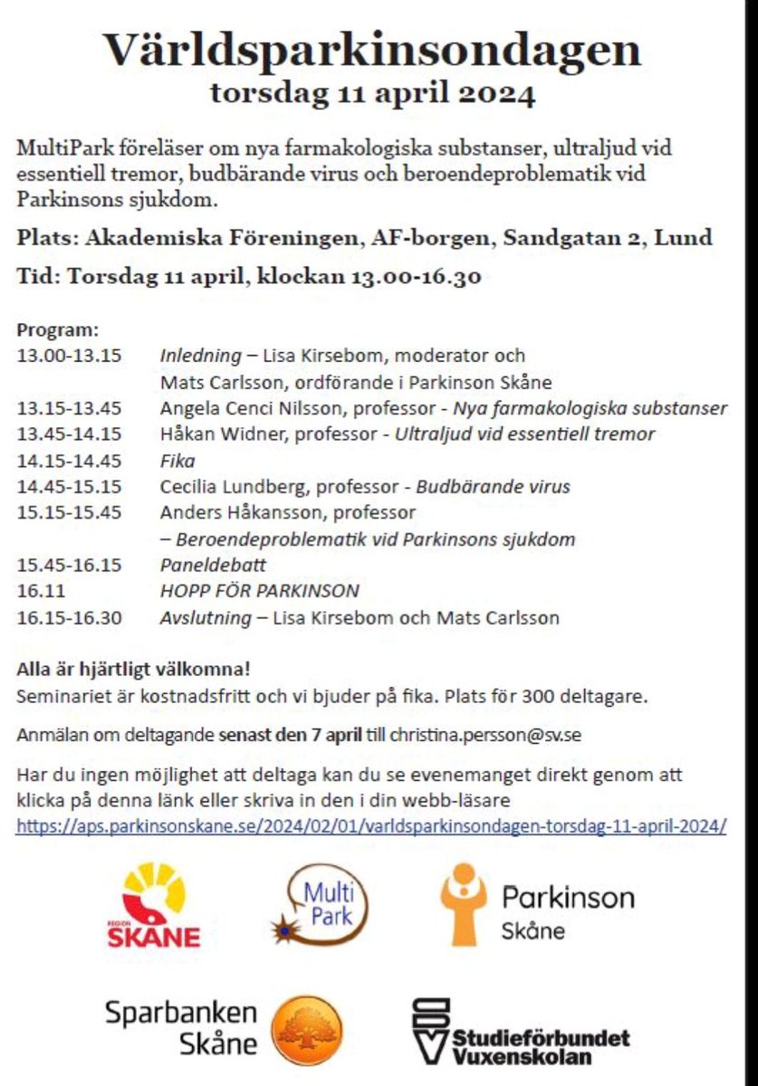 MultiPark is proud to co-fund and support World Parkinson's Day in Lund - 11 April 2024. Several of our PIs are also involved as speakers: Angela Cenci Nilsson, Håkan Widner and Cecilia Lundberg.