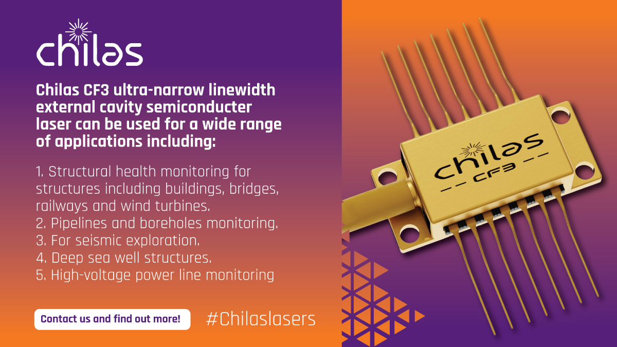 Chilas CF3 – 1550 nm ultra-narrow linewidth laser can be used for a wide range of applications.

You can find out more about the CF3 laser, and other Chilas B.V. products here: chilasbv.com/products/  

#fiberoptics #laser #sensors