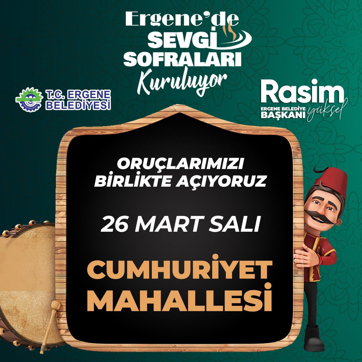 Ergene Belediyemiz tarafından Sevgi Soframız bu akşam Cumhuriyet Mahallemizde Abdülkadir Geylani Camii yanındaki 1333 ve 1339. Sokak’ ta kurulacaktır. İftar yemeğimize tüm halkımız davetlidir.