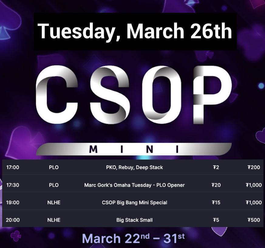 CoinPoker_OFF's tweet photo. 📢 CSOP Mini schedule of the day. 50% #PLO / 50% #NLHE / 100% fun  😎
#CSOPMini #CryptoPoker https://t.co/Q2Hqmw1r7l