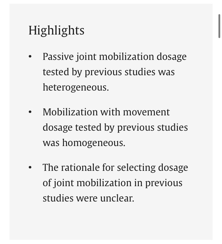Is there a recommended dosage for joint mobilization for rotator-cuff related shoulder pain?🧐 ▪️Limited information about dosage ▪️Lacking rationale for selecting dosage, with a heterogeneous approach across studies Clarity on Dosage 🟰🤷🏻‍♂️ buff.ly/4a6INgk