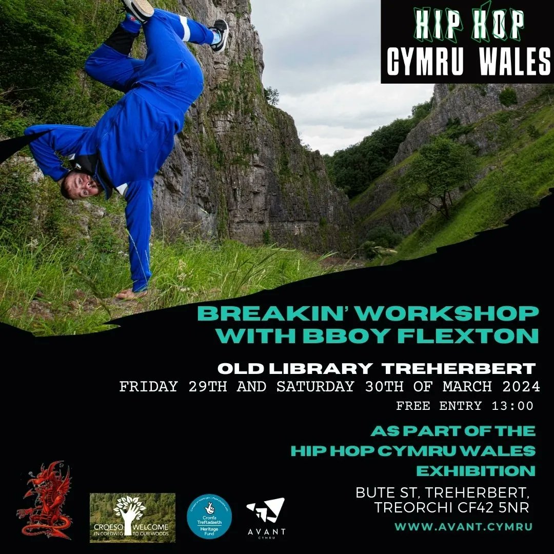 Breakin' workshops with @bboyflexton at Hip Hop Cymru Wales. Pop in for a 1 2 1. Or along Thursday, Friday and Saturday 13:00 for a workshop. #breakin #classes #workshop #bboy #breakers #bgirls #bboys #hiphopcynruwales ##hiphopheritage #Rhondda #whatson #EasterHolidays