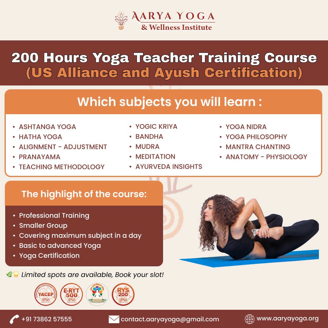 200 Hours Yoga Teacher Training Course (US Alliance and Ayush Certification) 

🌿🌟 Limited spots are available, Book your slot! 
Website: aaryayoga.org
Phone: 7386257555
Email: contact.aaryayoga@gmail.com 

#sukshmavyayama #yoga #healthyyoga #healthbenefits