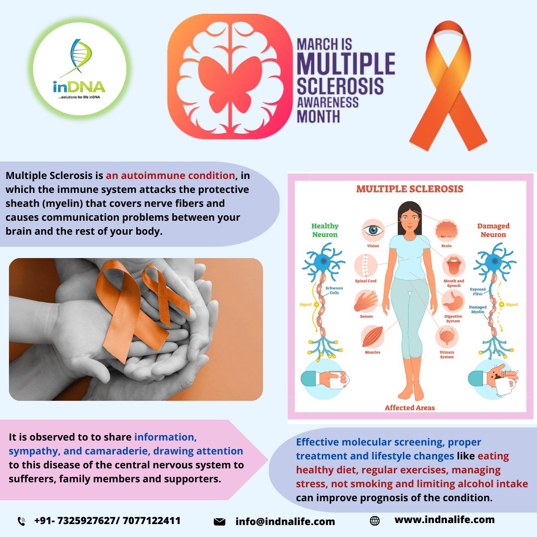 March is MS Awareness Month​​ Multiple sclerosis (MS) is an autoimmune disease affecting the central nervous system. The theme for World MS Day 2024-2025 is diagnosis. Most people with MS are diagnosed between the ages of 20 and 40. 
#msawarenessmonth #NeurodegenerativeDiseases