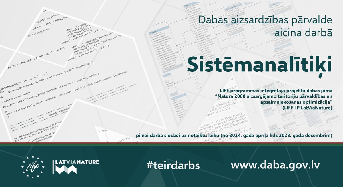 ‼️ Aicinām LIFE integrētā projekta LatViaNature komandā sistēmanalītiķi!
Plašāk par vakanci un pieteikšanos:
daba.gov.lv/lv/vakance/sis…
Pieteikšanās līdz 3. aprīlim!
#teirdarbs
#LifeProgramme #LIFEproject #lifelatvianature