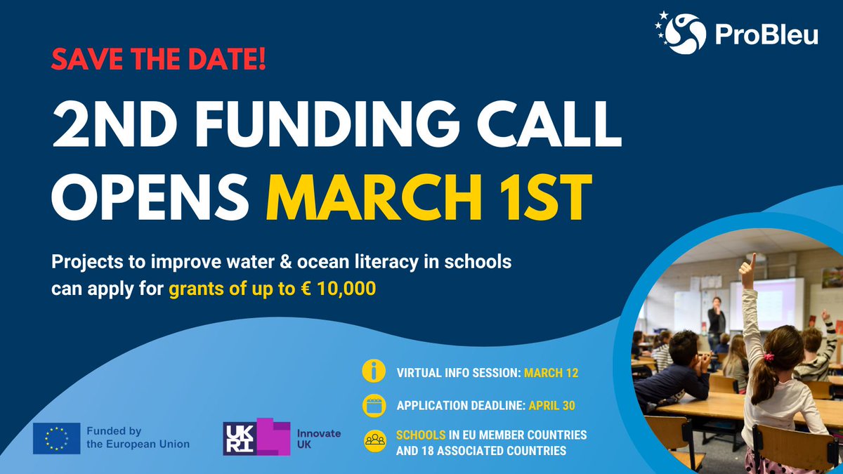 📢The #ProBleuProject Call is OPEN! 

Are you a teacher or school leader? Dive into #WaterLiteracy and sustainability education! Use the mandatory templates on the ProBleu website to prepare your project: probleu.school/probleu-fundin…

❗️Applications are open until April 30th ❗️