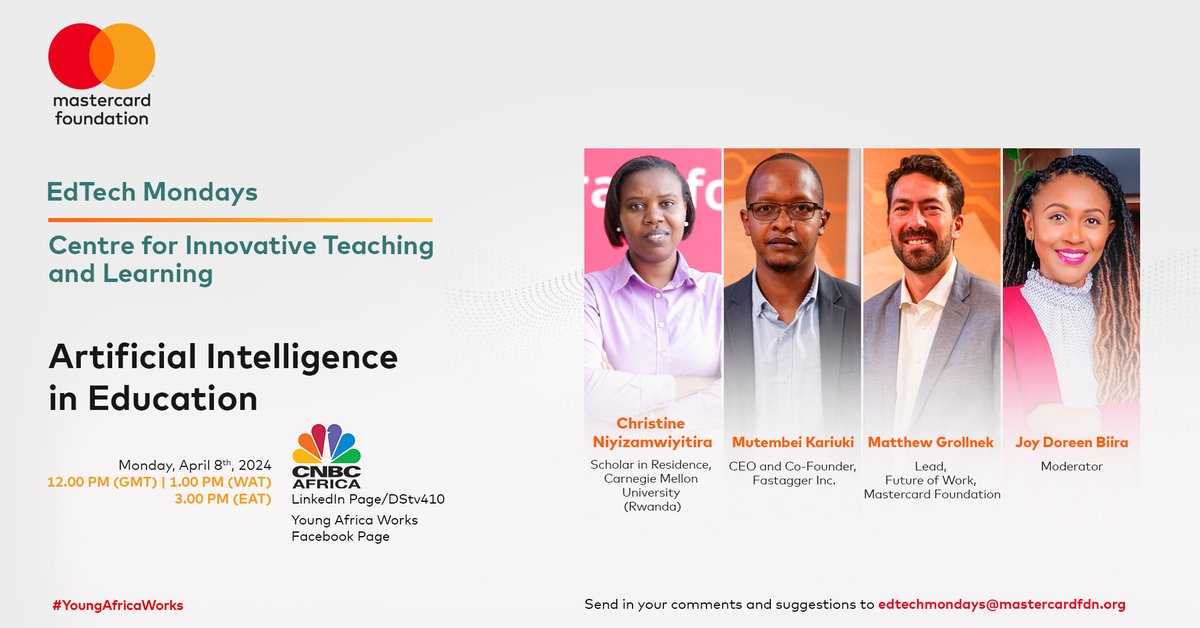 Artificial intelligence in education is revolutionizing the way students learn by providing personalized and adaptive learning experiences. Tune into another episode of #EdtechMondays on 8 April to unpack 'Artificial Intelligence in Education' at 14h00 CAT with @JoyDoreenBiira.