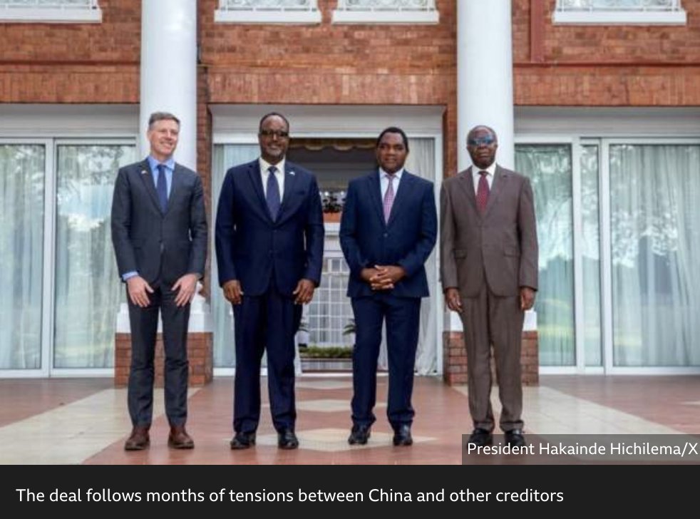 Zambia has agreed to a revised deal to restructure more than $3.5bn (£2.7bn) of its international bonds with private investors. Creditors will forego $840m in claims and Zambia will continue with an ongoing $2.5bn IMF cash flow relief programme. ➡️: bbc.in/4auvVQU