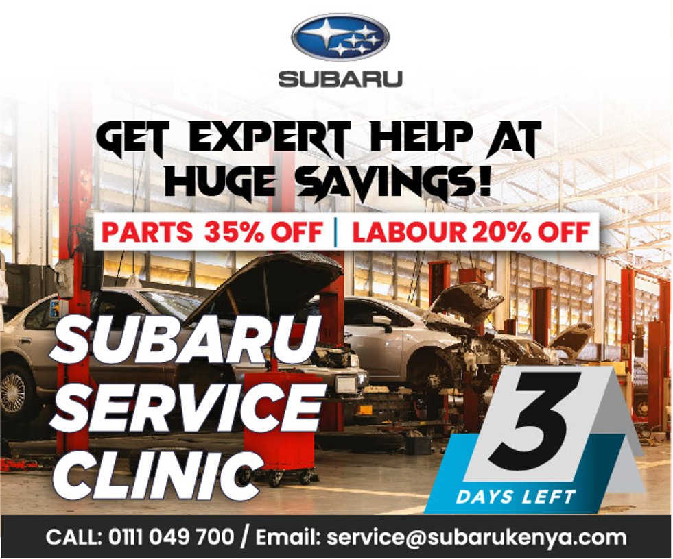 SP: Attention Subaru Drivers! There are only 3 days left to get a comprehensive checkup for your Subaru at unbeatable prices during our Service Clinic! Don't miss this opportunity. Visit any Subaru Kenya Parts & Service Center: Athi River Rd (Industrial Area, Nairobi) or…