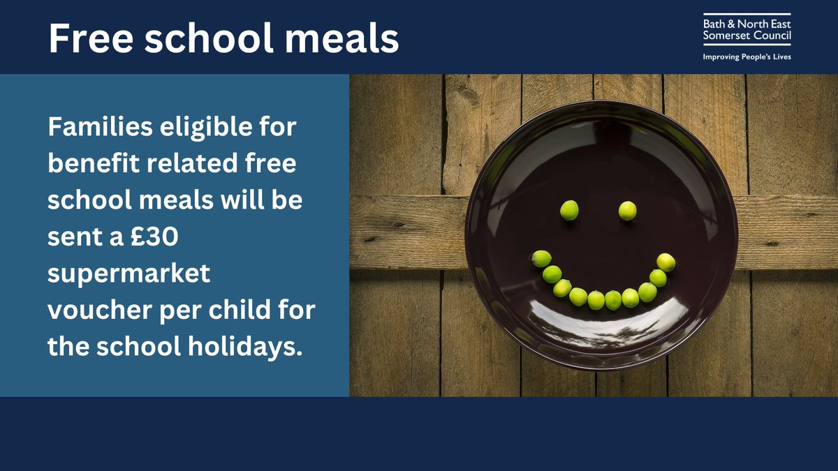 Families who receive benefit related free school meals will be sent a £30 supermarket voucher per child for the school holidays. Look out for an email from us today. If you haven't applied before & may be eligible go to beta.bathnes.gov.uk/apply-free-sch…