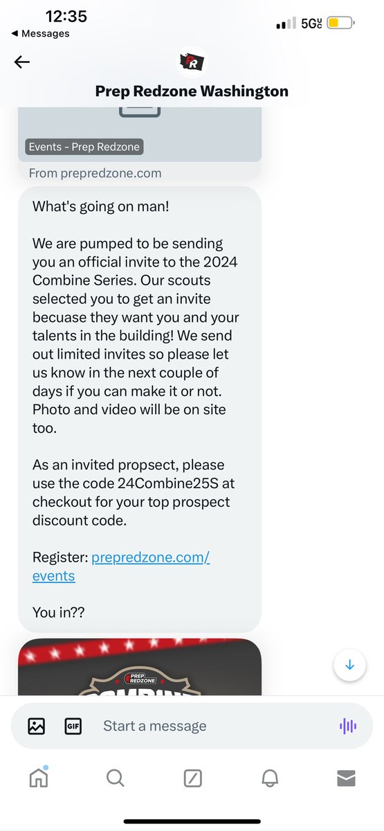 I guess I have officially been invited to the @PrepRedzoneWA combine! Lol… .. Word to the wise for HS players and parents of HS players! I would not advise you to go to this combine! The same invite you got is the same invite I got and trust me I’m 37 years old I am far too…