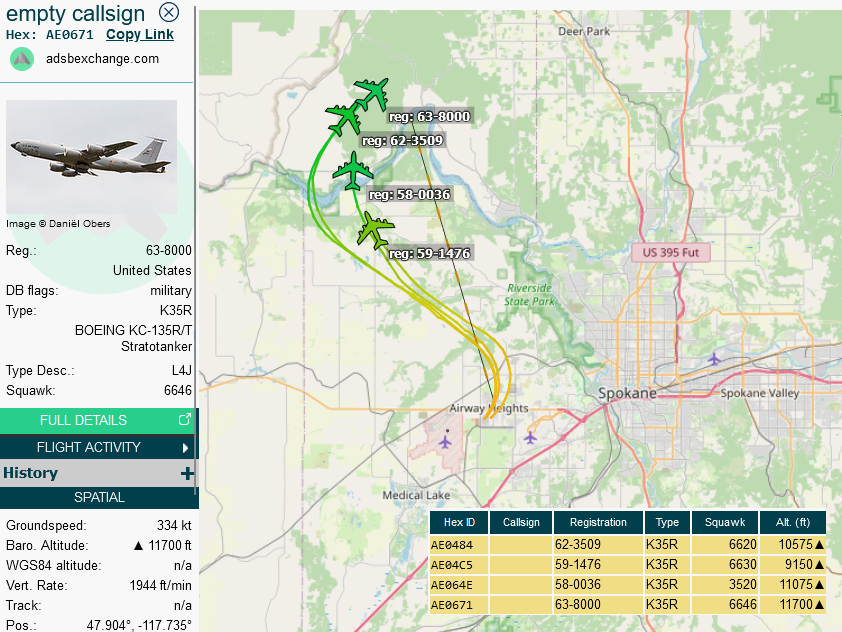 SirListenalot's tweet image. 0025z #KC135's #AE0671 #AE0484 #AE064E #AE04C5 as #FLAM11-14 airborne from Fairchild on a round trip for AR with #B1's #ZUMO41 flight. Looks like AR between YTH and N6256W09252