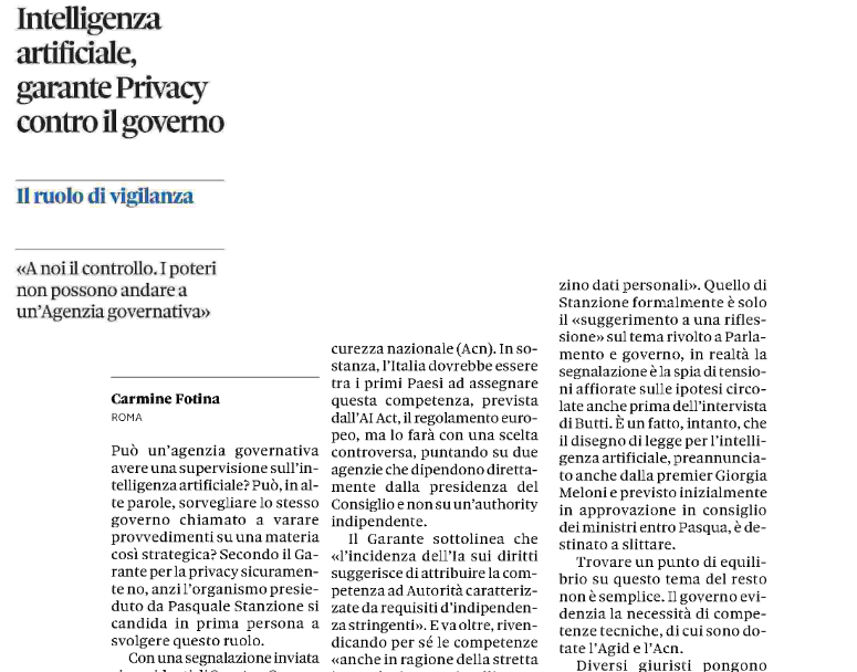 Il ruolo di vigilanza. 🗞️'Intelligenza artificiale, il garante #privacy contro il governo' su @sole24ore #AI @michelegentili @giraldo_ale @olivati @MissioneStartup @lpasquarelli010 @aldoceccarelli @PatriziaTenda @twittfilosofici @GPDP_IT