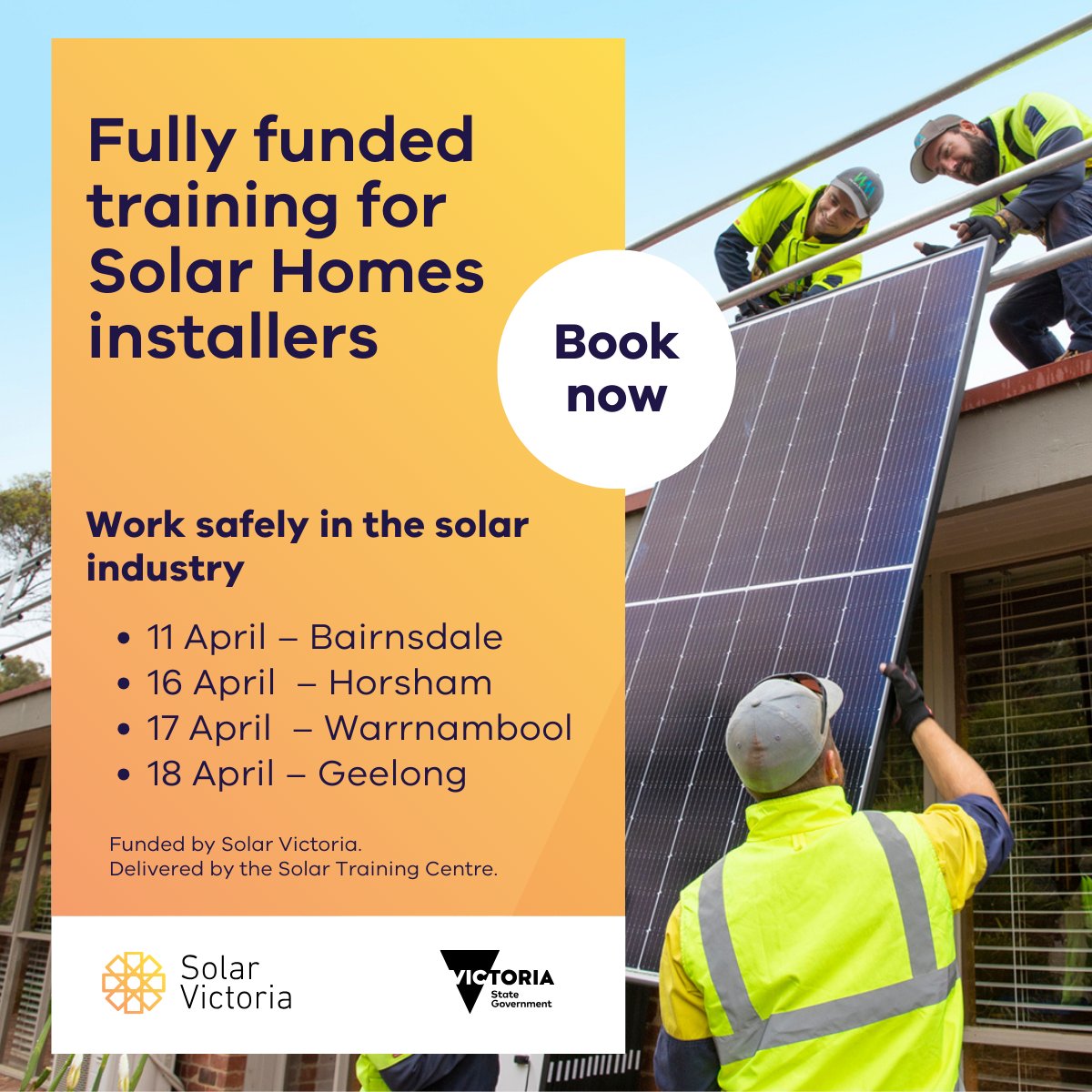 Attention Solar Homes Program installers in regional Victoria! VU22744 ‘Work safely in the solar industry’ mandatory training opportunities are still available in April 2024. 👉 Book your spot now: go.vic.gov.au/44TNJCu